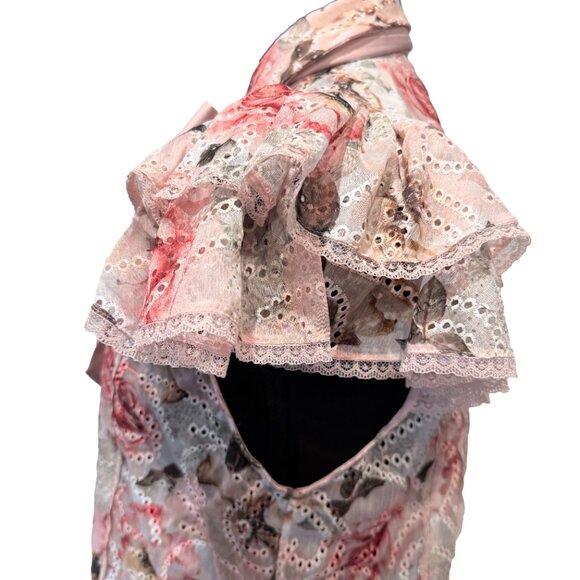 NWT Alice + Olivia “Minda” Floral Eyelet Ruffle-Sleeve Tie-Neck Blouse Size S - Picture 8 of 11